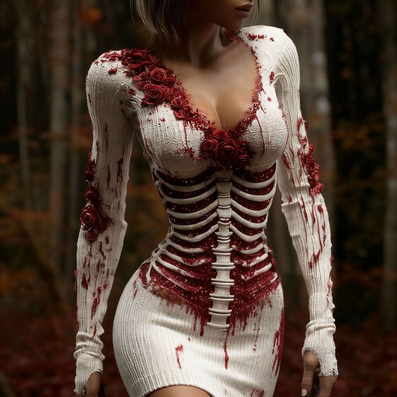 Women's Vintage Halloween Skeleton & Rose Art Sweater Dress