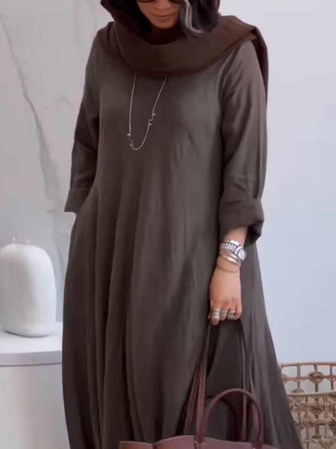 Women's Casual Solid Color V-Neck Long Sleeve Cotton and Linen Dress