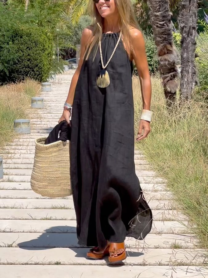Women'S Casual Cotton And Linen Suspender Maxi Dress