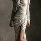 Elegant Polyester Suede Midi Dress With Side Slits And Lace Panels