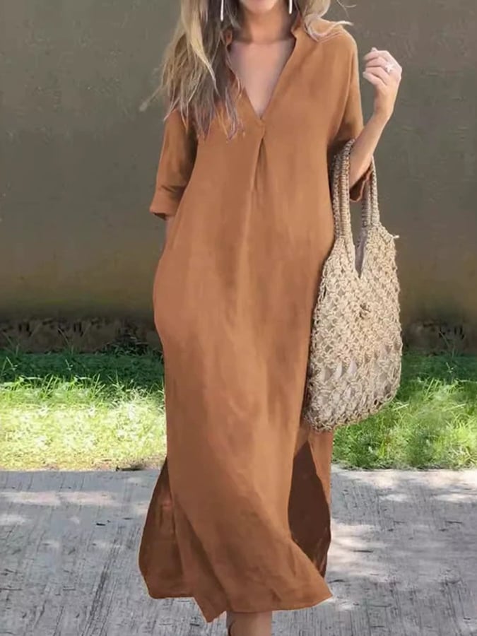 Women'S Casual Solid Color V-Neck Cotton And Linen Dress
