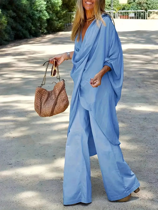 Women'S Casual Twisted Short-Sleeved V-Neck Top + Wide-Leg Pants Two-Piece Set