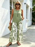 2Pcs Vacation Casual Square Neck Pullover Tank Plus Trousers Digital Printing