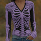 Women's Halloween Skeleton Bones With Roses Art Casual Long Sleeve V Neck T-shirt