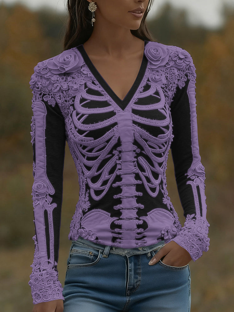Women's Halloween Skeleton Bones With Roses Art Casual Long Sleeve V Neck T-shirt