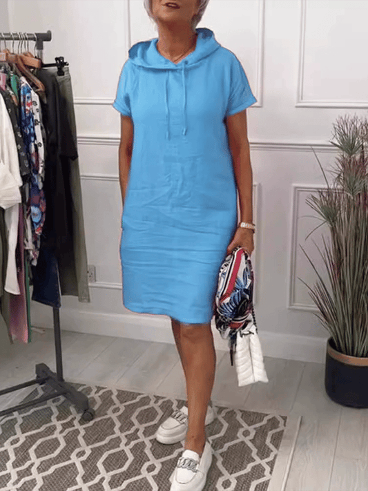 Women's solid color casual hooded cotton and linen dress