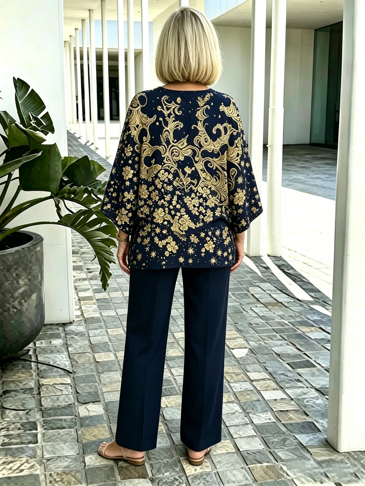 2Pcs Gold Foil Print Outfit Set Crew Neck Flutter Sleeve Layered Blouse with Straight Leg Pants Mother of the Bride Formal Evening Suits