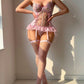 Sexy Pink See-Through Floral Embroidered Mesh Bodysuit Lingerie