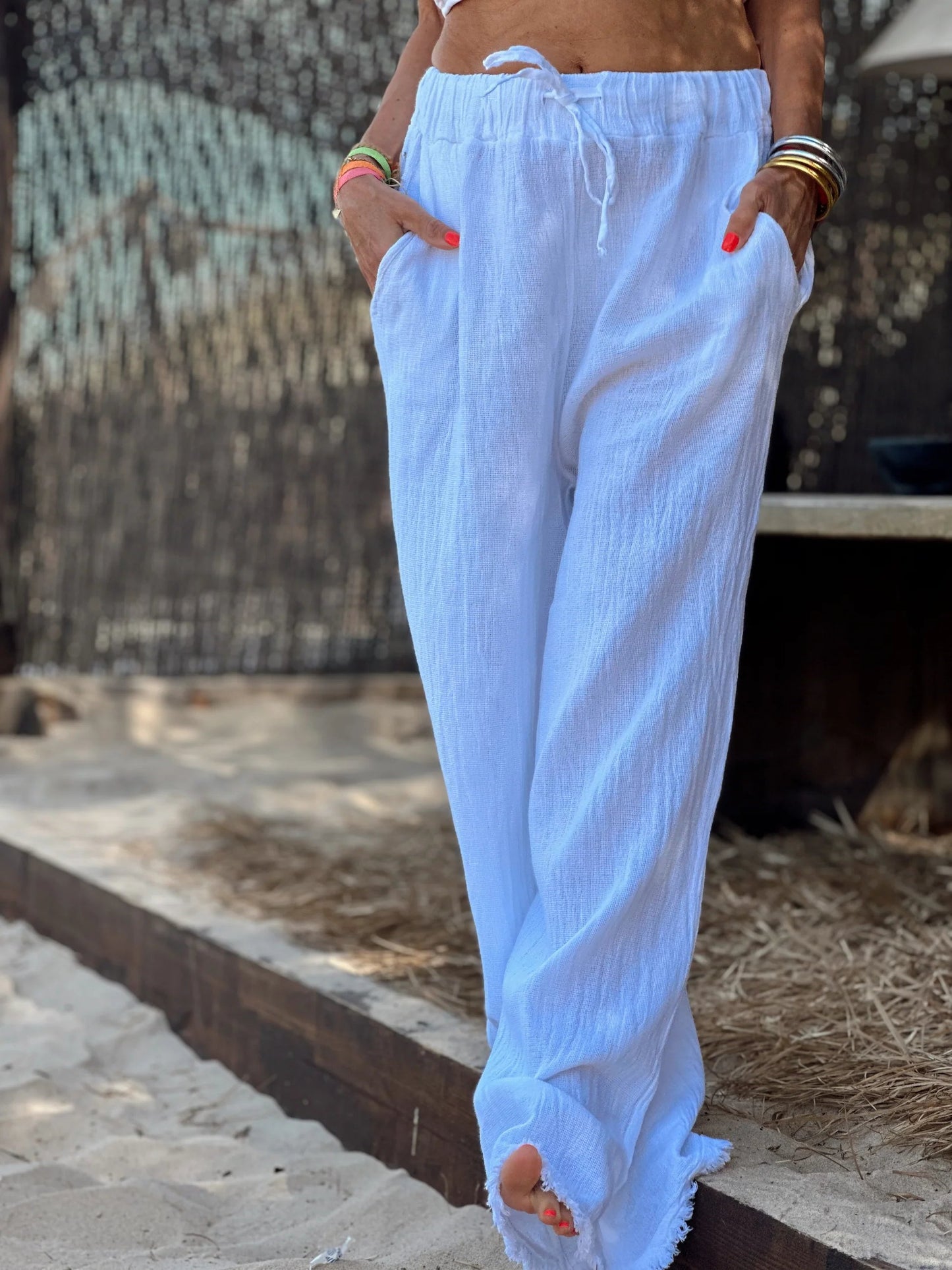 Women's solid color casual cotton and linen three-piece set