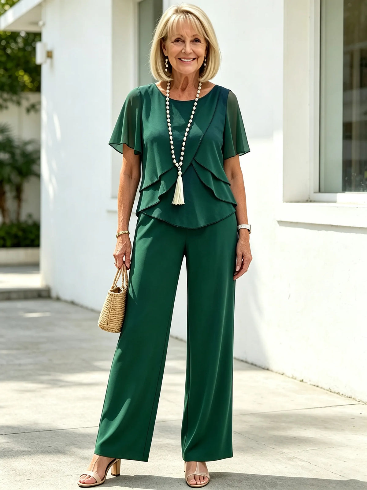 2 Piece Outfit Set, Round Neck Chiffon Flutter Short Sleeve Top, Multi-layer Ruffled Irregular Hem, High Waist Straight Wide Leg Long Trousers, Lightweight Sheer Fabric, Elegant Flowy Pant Suit for Wedding Guest and Formal Occasions