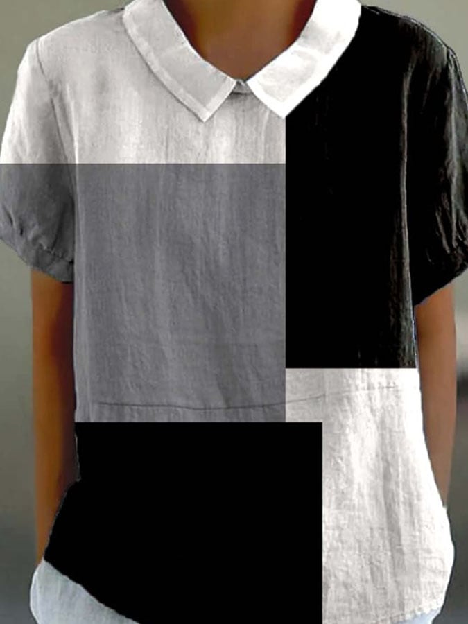 Women's Casual Color Block Pattern Lapel Short Sleeve Shirt