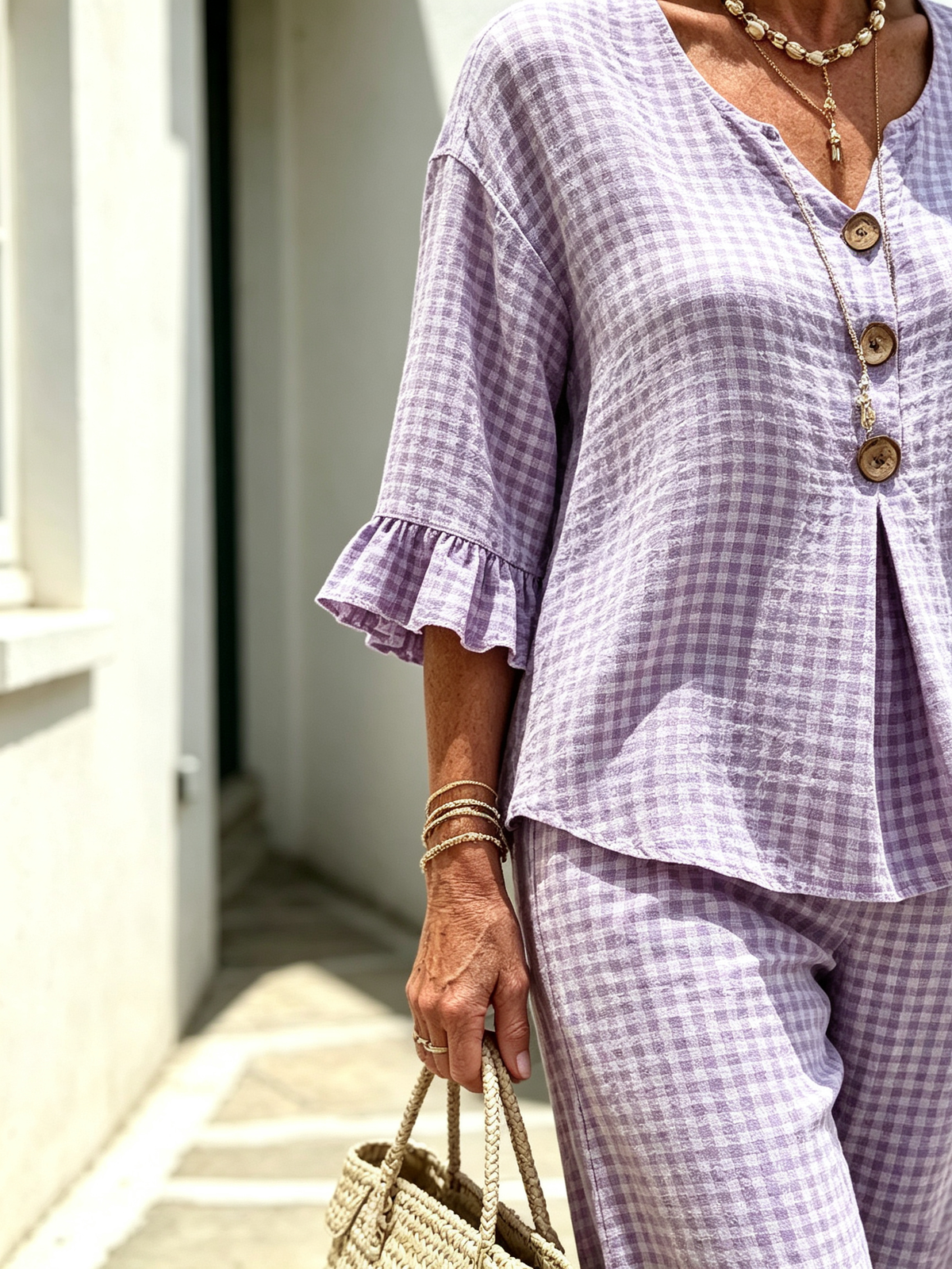 Women Elegant Linen Blend Plaid Two-Piece Casual Pant Set, Woven Textured Gingham Check Pattern Matching Outfit, Notch V-Neck Three Wooden Button Front Top With Ruffle Flared 7/4 Length Bell Flounce Sleeves, Loose High Waist Wide Leg Full Length Trousers