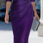 Purple Satin Elbow Sleeve Ruched Waist Sheath Midi Dress
