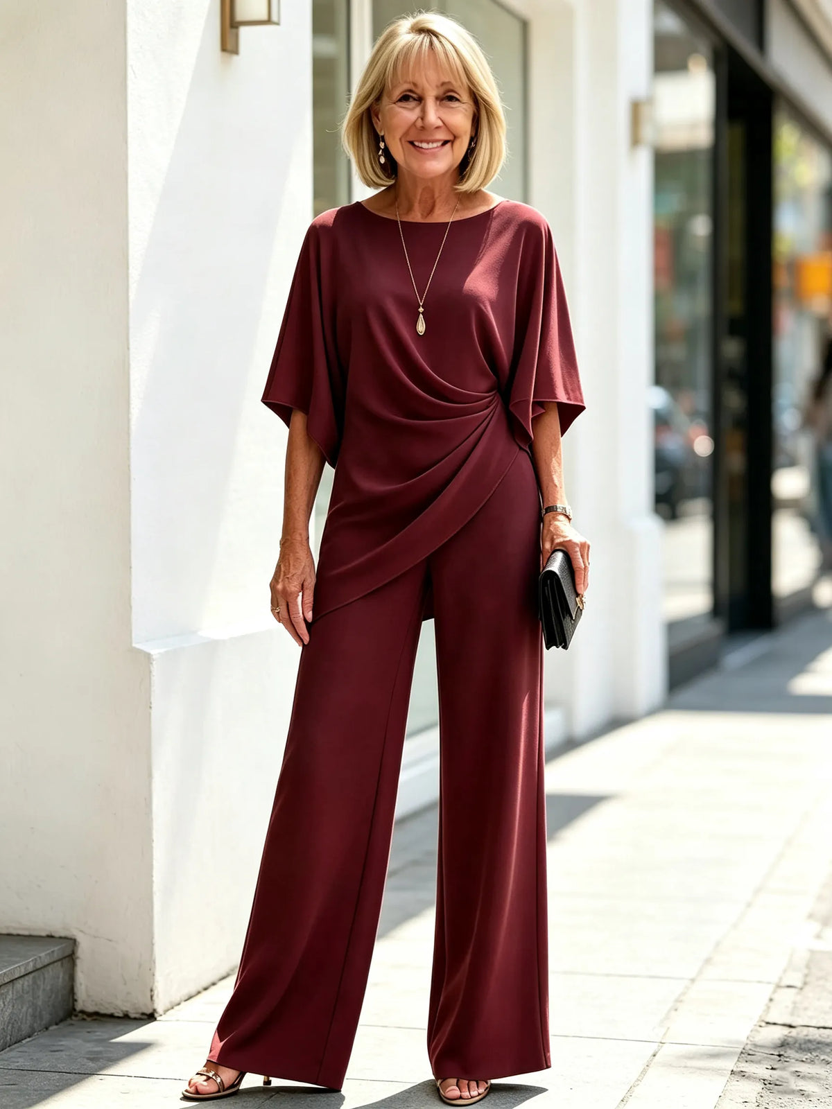 2 Piece Outfit Set, Boat Neck Dolman Short Sleeve Wrap Draped Top, High Waist Wide Leg Long Trousers, Smooth Soft Fabric, Elegant Tailored Pant Suit, Suitable for Banquet, Wedding, Party and Daily Commuter Occasions