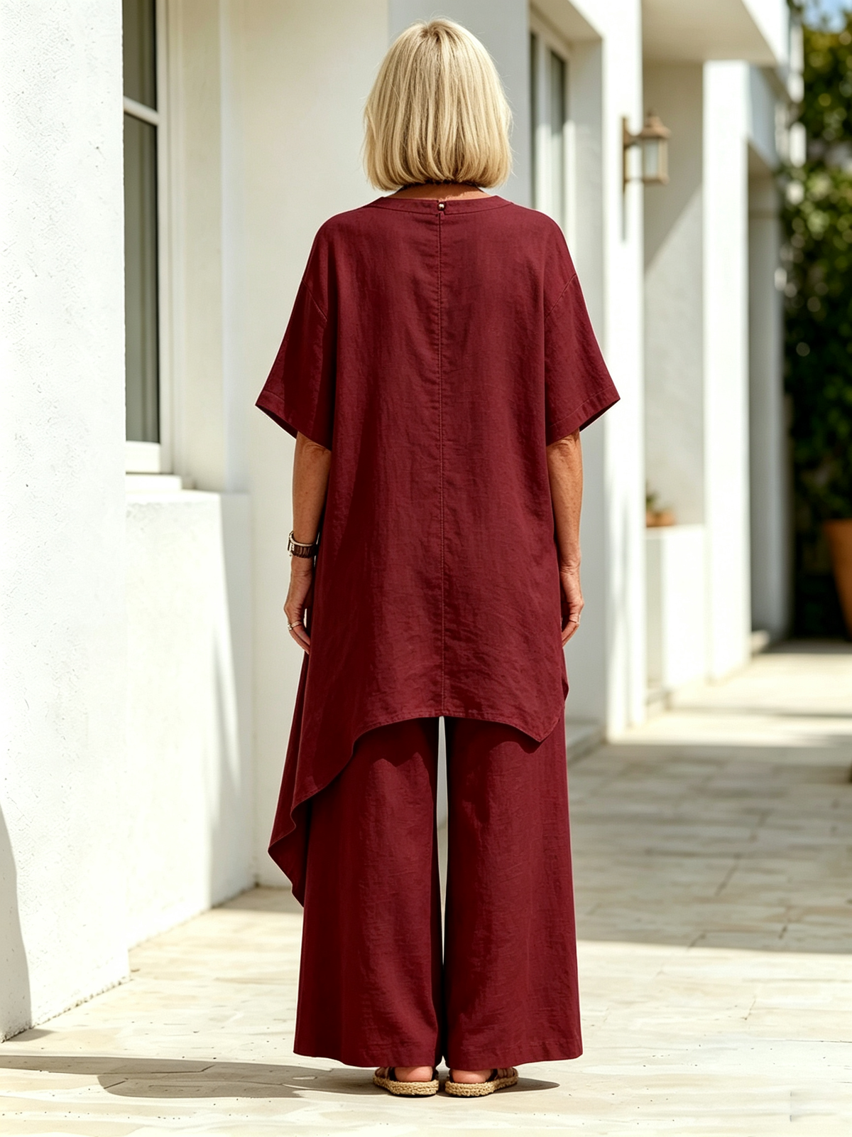 2Pcs Solid Color Cotton Linen Two-piece Outfit, Round Neck Short Sleeve Irregular Hem Tunic Top, Wide Leg Long Pants, Loose Relaxed Fit, Lightweight Breathable Fabric, Flowy Casual Coordinate Set for Daily, Holiday and Outdoor Occasions