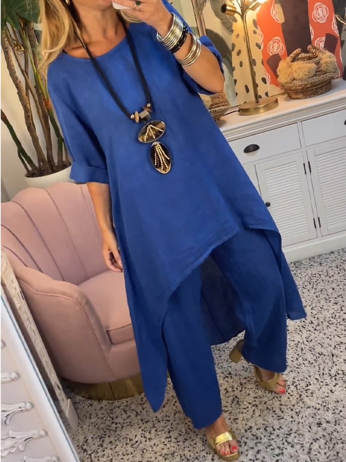 Women'S Casual Round Neck Solid Color Long Cotton And Linen Two-Piece Suit
