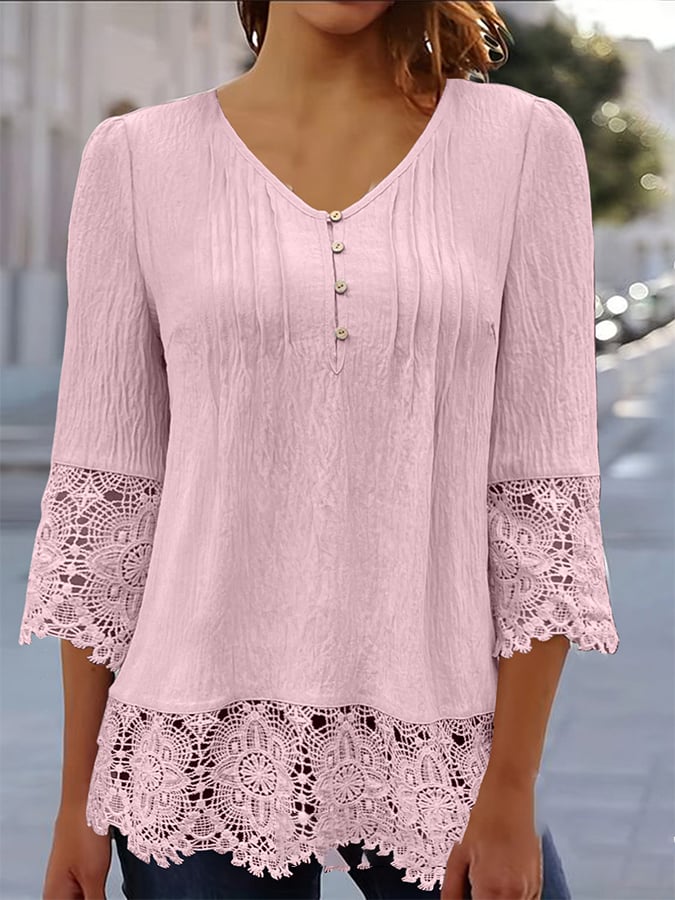 Women'S Casual Solid Color Lace Sleeve Top