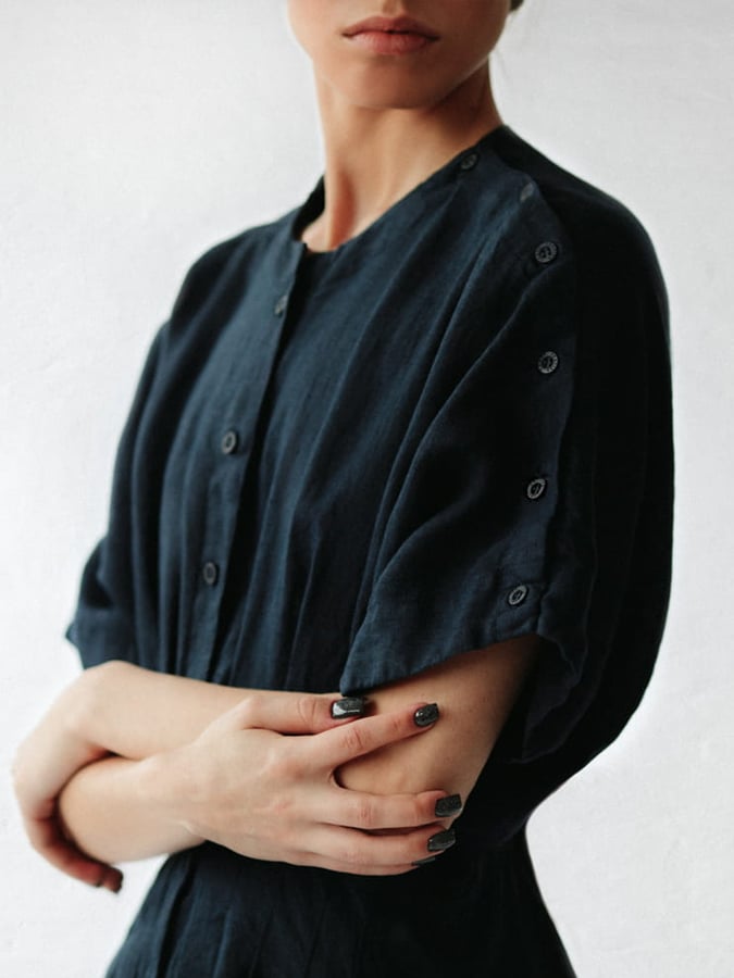 Women's Solid Color Gathered Waist Button Linen Dress