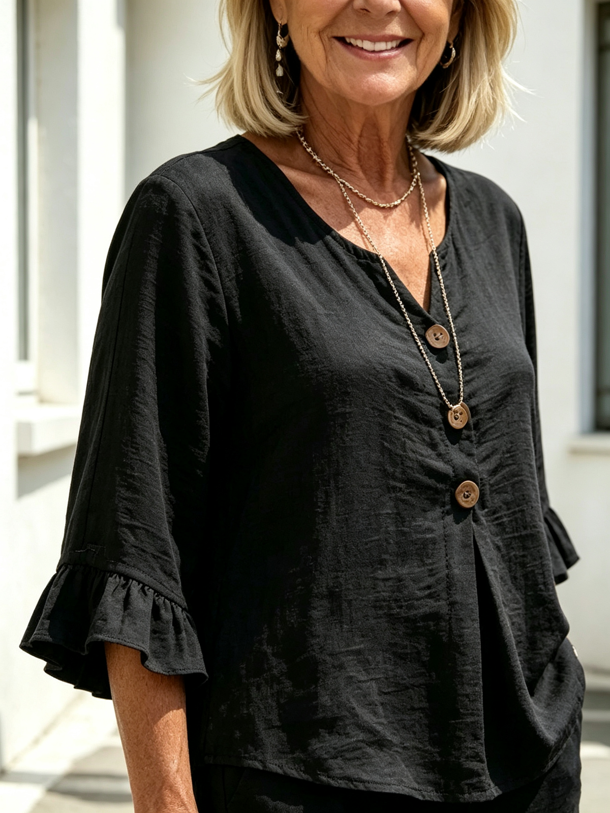 Women Solid Color Casual Shorts Two-Piece Pants Set, Woven Textured Faux Linen Matching Outfit, V-Neck Single Row Wooden Button Blouse With Ruffle Flared 5/7 Length Flutter Sleeves, Loose Relaxed Fit Elastic Waist Knee-Length Bermuda Three Point Shorts Wi