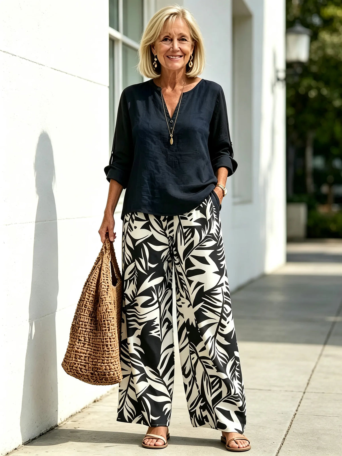 Plant-printed V-neck Vest Straight-leg Pants, Casual and Comfortable Suit
