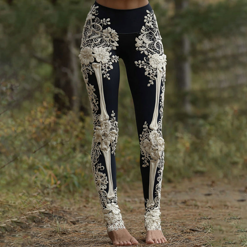 Women's Vintage Halloween Skeleton & Rose Lace Art Leggings