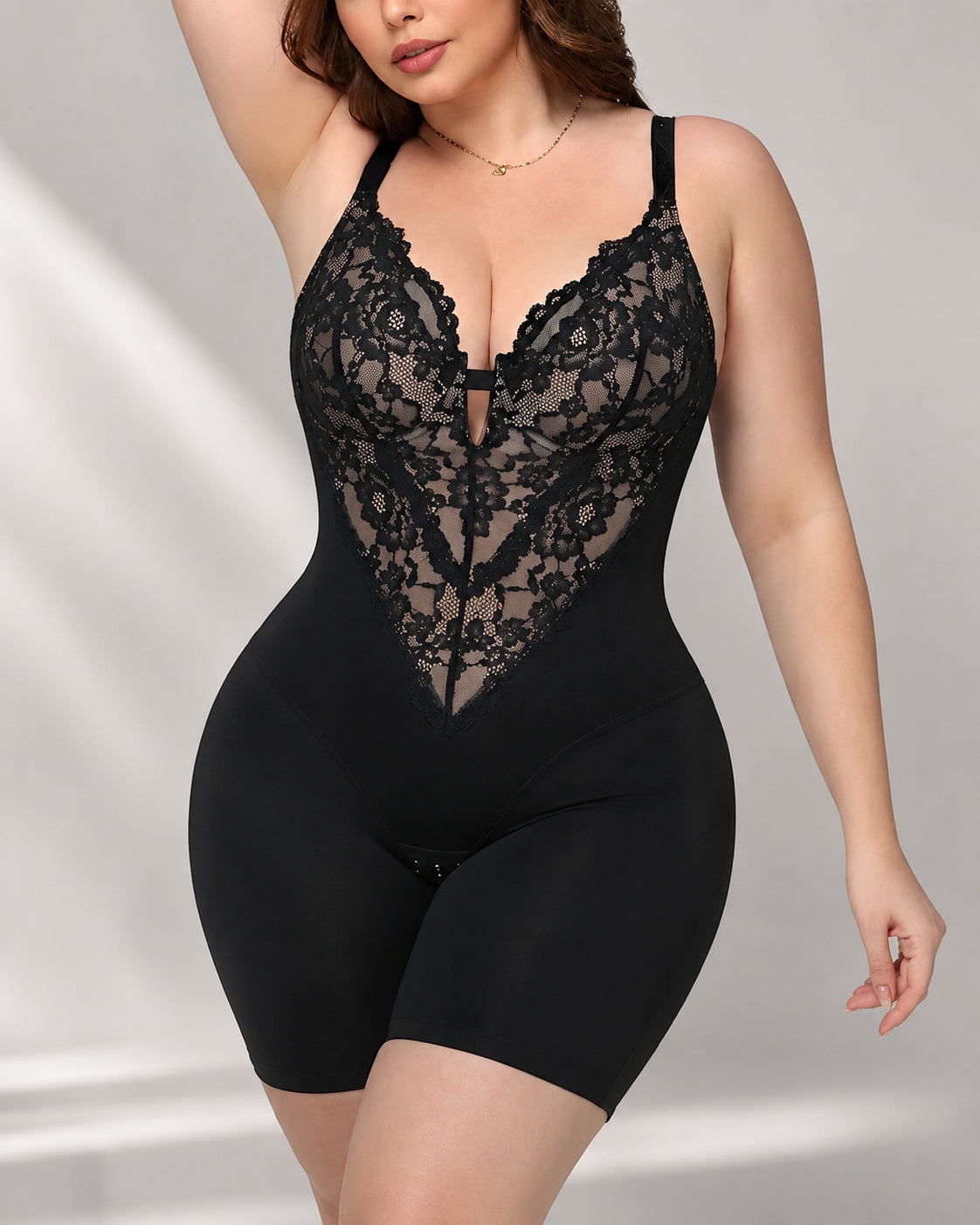 T-Back Open Back Bodysuit With Lace V-Neck Detail