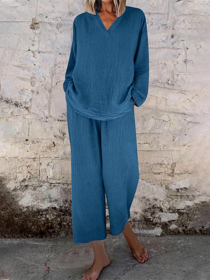 Women's Casual V-neck Pullover Long Sleeve + Pocket Trousers Cotton and Linen Suit