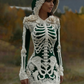Women's Vintage Halloween Skeleton Bones With Rose Art Cozy Knit Hooded Sweater Dress