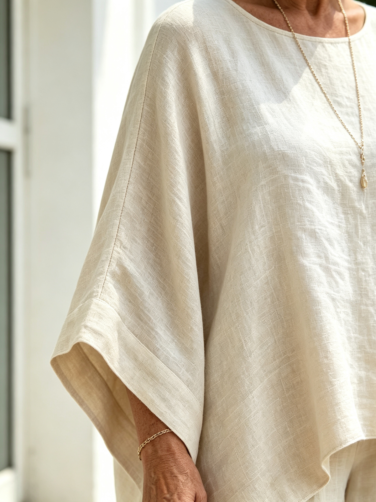 2Pcs Elegant Women Solid Linen‐Blend Two‐Piece Set, Oversized Batwing Sleeve Uneven Hem Tunic Blouse, Breathable Flowy Wide Leg Floor‐Length Pants, Loose Comfortable Casual Co‐ord Suit for Beach Holiday Daily Street Wear
