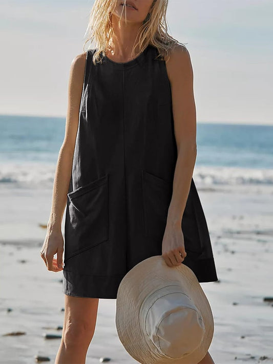 Women's Casual Round Neck Loose Sleeveless Pocket Short Jumpsuit
