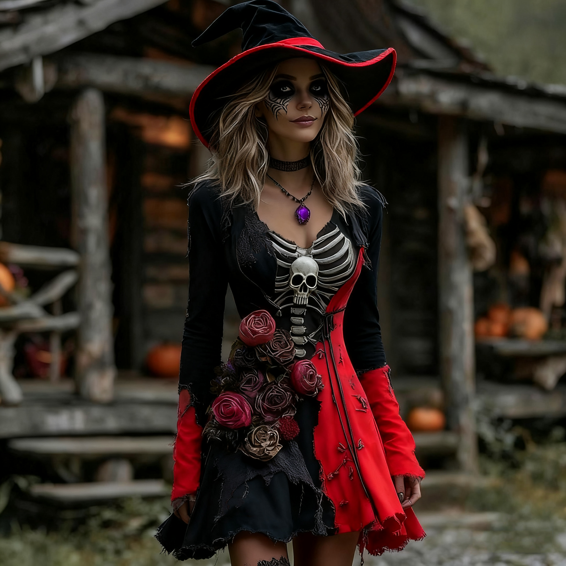 Women's Halloween Rose Skeleton Witch Cosplay Midi Dress