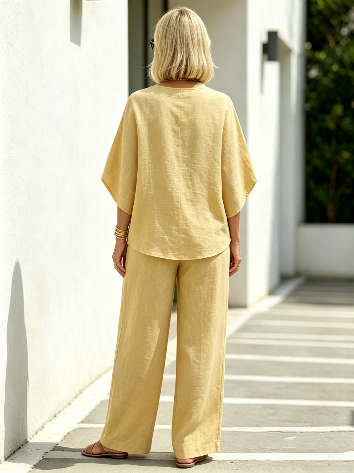 2Pcs Cotton and Linen Stand-up Collar Seven-quarter Sleeve Loose Sleeve Casual Suit