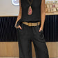 Women's Casual Solid Color Round Neck Vest Trousers Cotton and Linen Two-piece Set