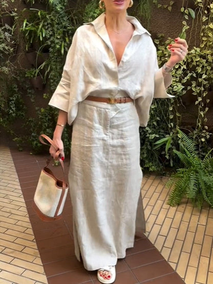 Women's Casual Cotton and Linen Shirt Skirt Suit