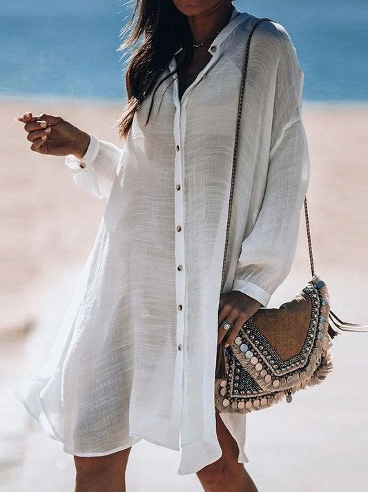 Women's Casual Solid Color V-Neck Long Sleeve Button Dress