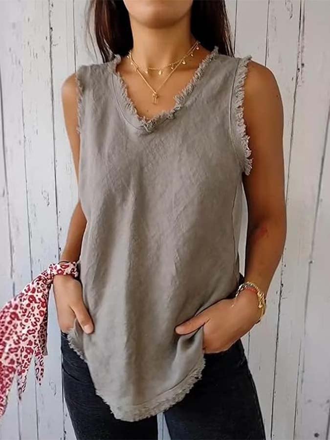 Women'S Sleeveless Tassel Stitching Casual Solid Color Cotton And Linen Vest