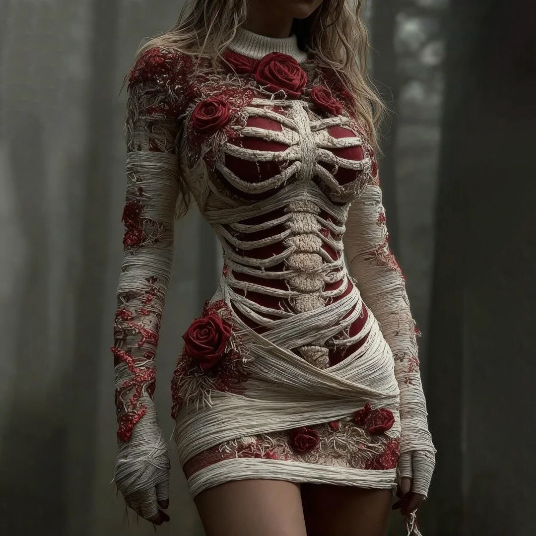 Women's Vintage Red Rose Skeleton Art Knit Mini Sweater Dress