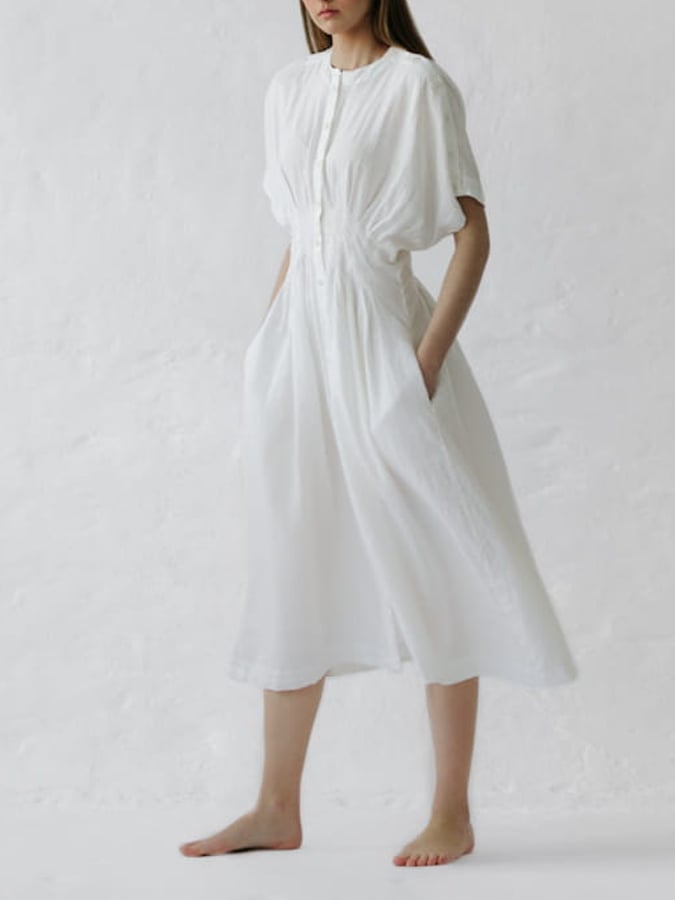 Women's Solid Color Gathered Waist Button Linen Dress