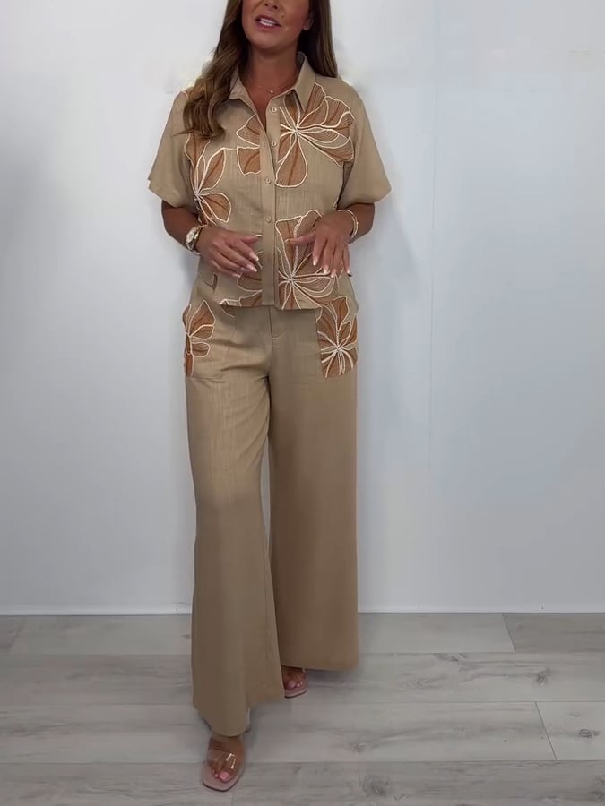 Women'S Casual Lapel Short-Sleeved Floral Embroidered Cotton And Linen Two-Piece Suit