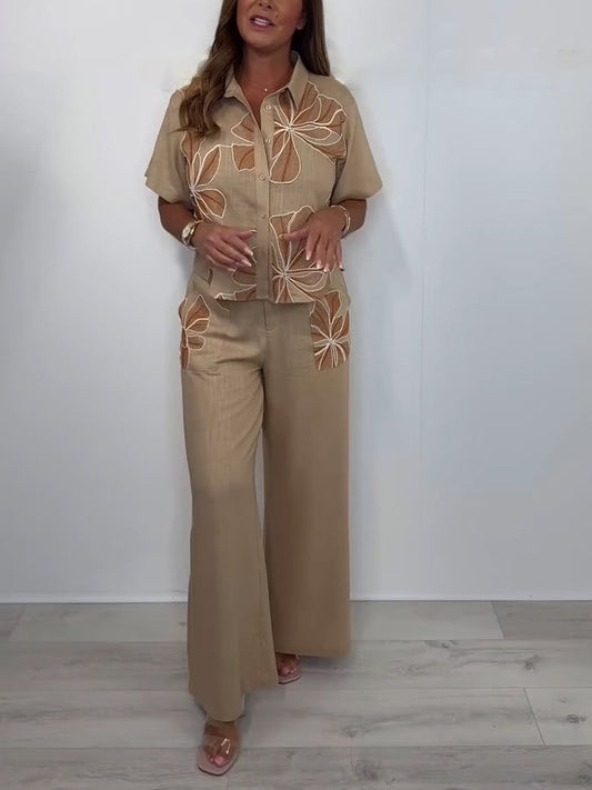 Women'S Casual Lapel Short-Sleeved Floral Embroidered Cotton And Linen Two-Piece Suit