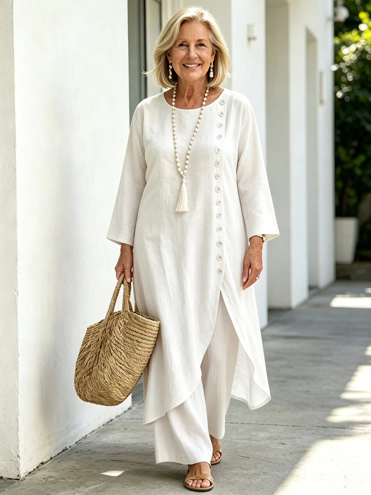 Casual Linen Long Irregular Single-breasted Top and Trousers Two-piece Set