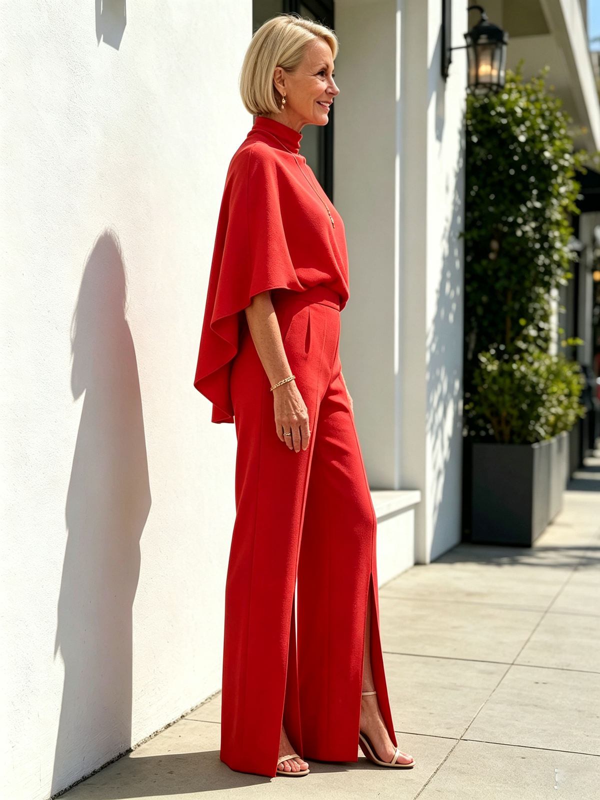 Solid Color 2 Piece Outfit Set, Semi High Mock Neck Cape Sleeve Blouse, High Waist Split Wide Leg Pants, Light Textured Woven Fabric, Relaxed Elegant Silhouette, Flowy Cape Top and Front Slit Trousers for Formal and Semi-formal Occasions