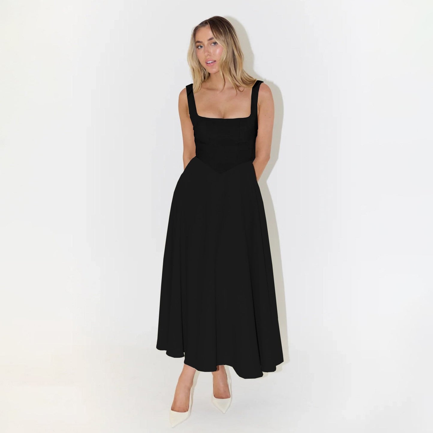 High Waist Square Neck Midi Dress