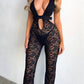 See Through White Lace V Neck Cutout Sleeveless Jumpsuit