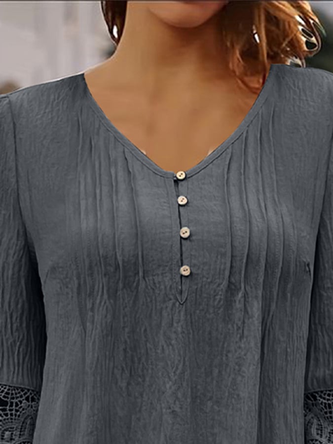 Women'S Casual Solid Color Lace Sleeve Top