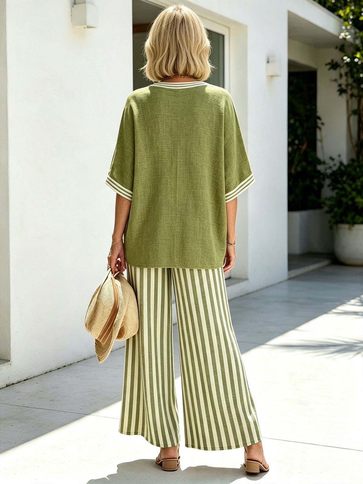 Women Cotton Linen Vacation Two-Piece Outfit Set, Contrast White Striped V-Neck Loose Short Sleeve Top With Striped Cuffs, Matching Green Vertical Striped High Waist Wide Leg Trousers, Lightweight Breathable Textured Fabric Relaxed Fit Casual Holiday Comm
