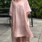 Women'S Casual Solid Color Half-Button Cotton And Linen Dress