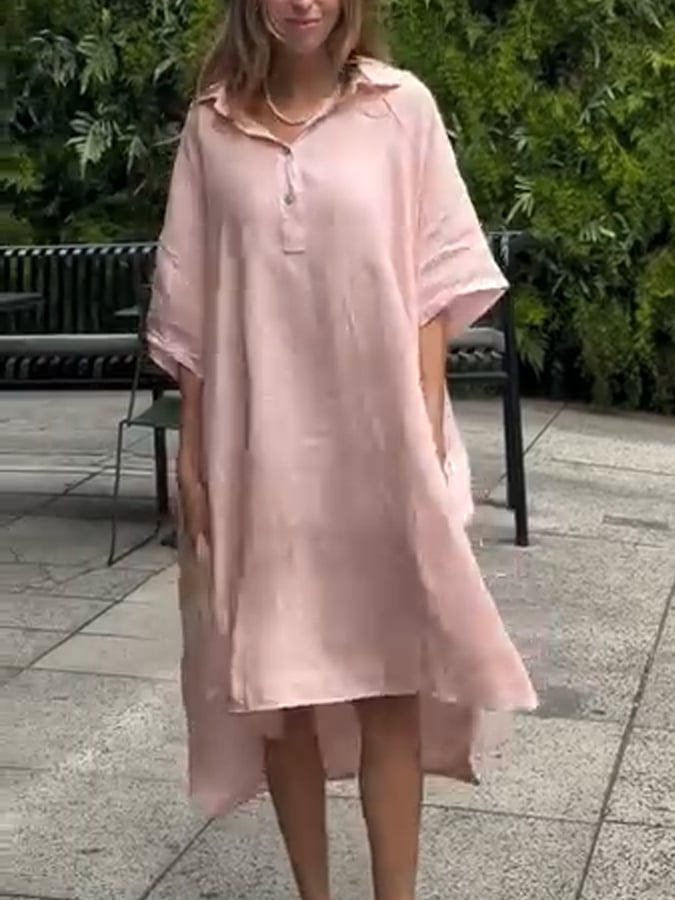 Women'S Casual Solid Color Half-Button Cotton And Linen Dress