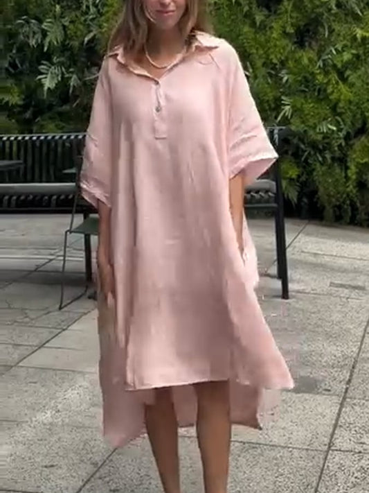 Women'S Casual Solid Color Half-Button Cotton And Linen Dress