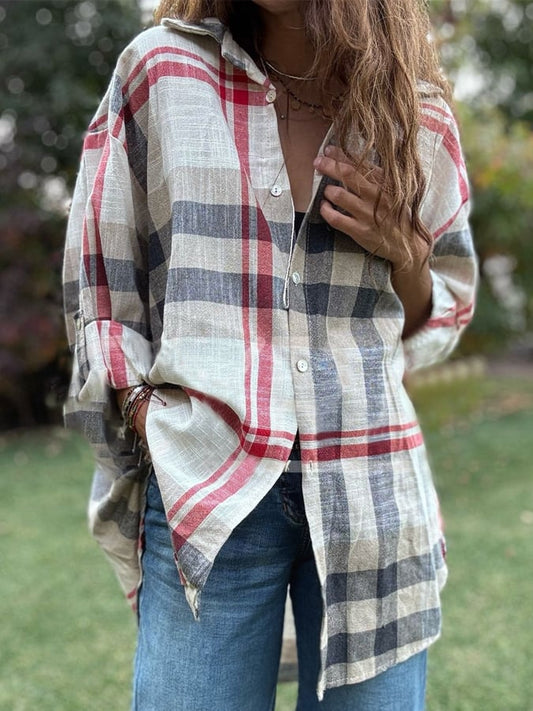 Women's Casual Loose Plaid Long Sleeve Shirt
